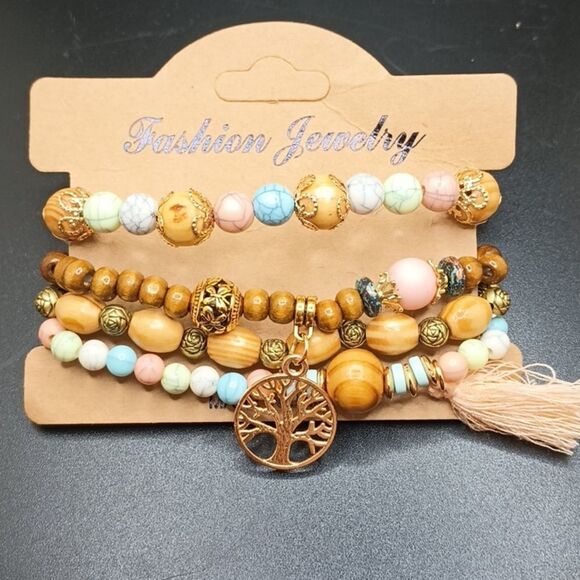 Pastel Tassel bracelets Tree of life Charm Beaded boho layered bracelets - Picture 2 of 4